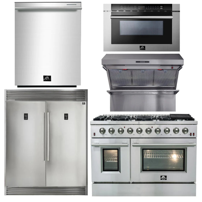 Forno Package - 48 Inch Gas Range, Wall Mount Range Hood, Refrigerator, Microwave Drawer, Dishwasher, AP-FFSGS6244-48-8