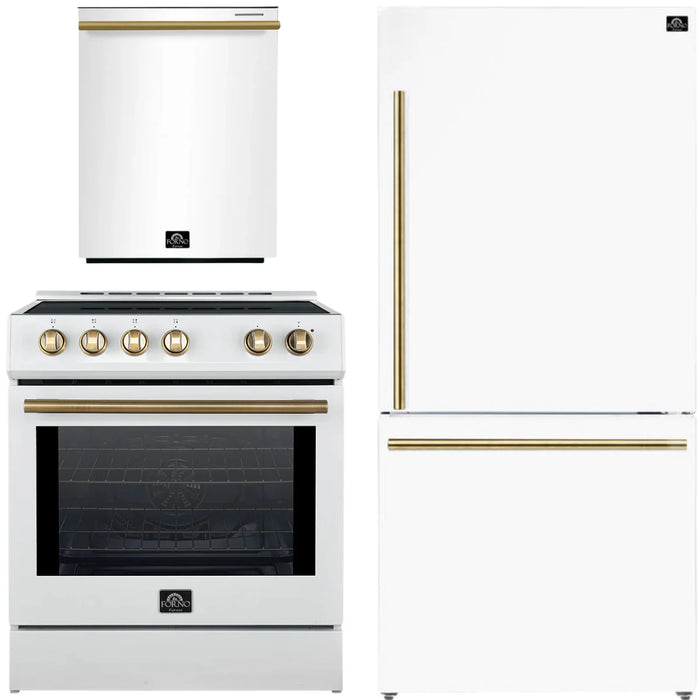Forno Espresso Package - 30" Induction Range, Refrigerator and Dishwasher in White with Antique Brass Handles, AP-FFSIN0982-30WHT-A-A12-D