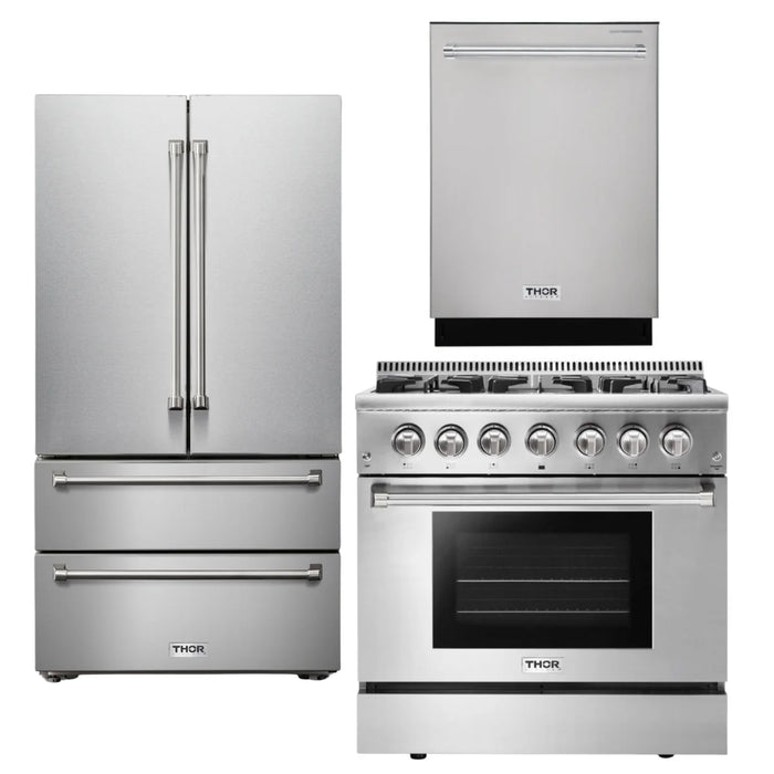 Thor Kitchen Package - 36" Propane Dual Fuel Range, Dishwasher, Refrigerator, AP-HRD3606ULP-2