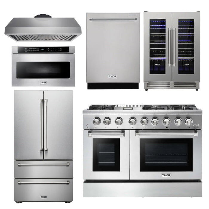Thor Kitchen Package - 48" Dual Fuel Range, Range Hood, Refrigerator, Dishwasher, Microwave, Wine Cooler, AP-HRD4803U-8