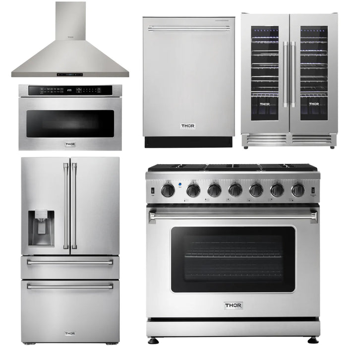 Thor Kitchen Package - 36" Propane Gas Range, Range Hood, Microwave, Refrigerator with Fridge and Ice Maker, Dishwasher, Wine Cooler, AP-LRG3601ULP-14