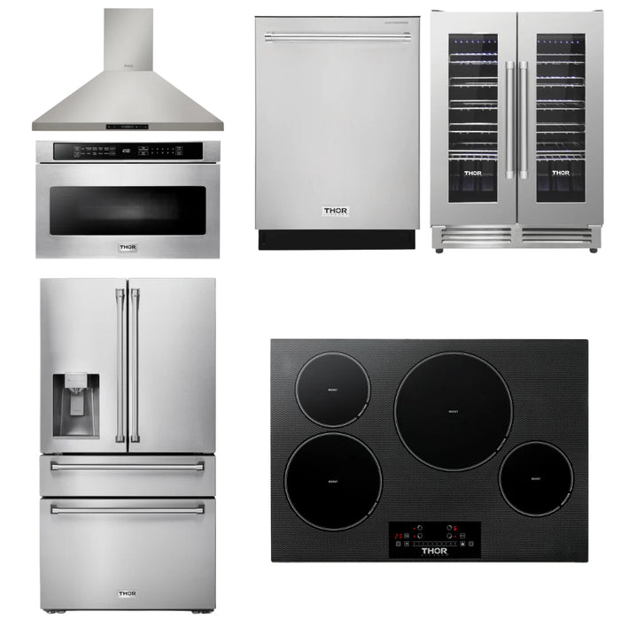 Thor Kitchen Package - 30" Induction Cooktop, Hood, Microwave, Refrigerator with Water and Ice Dispenser, Dishwasher, Wine Cooler, AP-TIH30-14