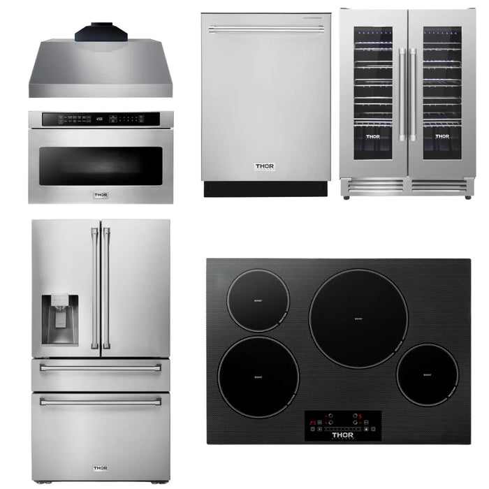 Thor Kitchen Package - 30" Induction Cooktop, Range Hood, Microwave, Refrigerator with Water and Ice Dispenser, Dishwasher, Wine Cooler, AP-TIH30-C-10