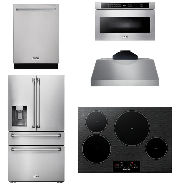 Thor Kitchen Package - 30" Induction Cooktop, Range Hood, Microwave, Refrigerator with Water and Ice Dispenser, Dishwasher, AP-TIH30-C-9