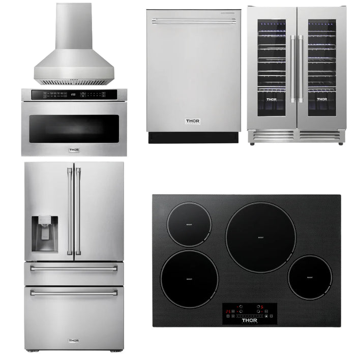 Thor Kitchen Package - 30" Induction Cooktop, Range Hood, Microwave, Refrigerator with Water and Ice Dispenser, Dishwasher, Wine Cooler, AP-TIH30-W-10