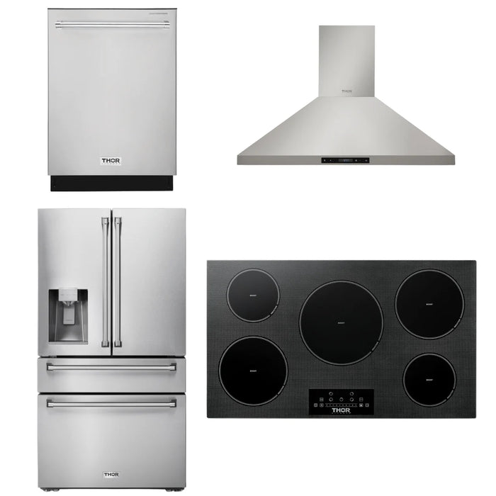 Thor Kitchen Package - 36" Induction Cooktop, Range Hood, Refrigerator with Water and Ice Dispenser, Dishwasher, AP-TIH36-10