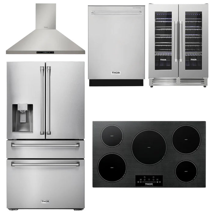 Thor Kitchen Package - 36" Induction Cooktop, Range Hood, Refrigerator with Water and Ice Dispenser, Dishwasher, Wine Cooler, AP-TIH36-11