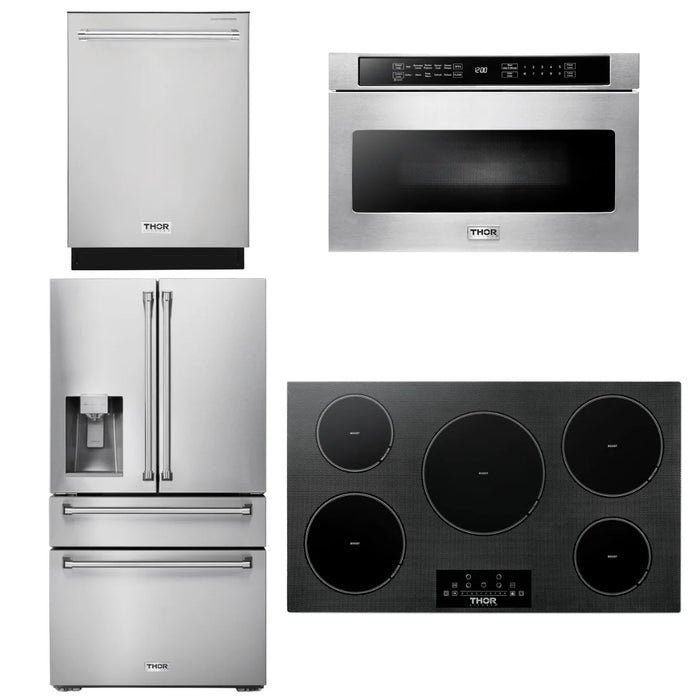 Thor Kitchen Package - 36" Induction Cooktop, Microwave, Refrigerator with Water and Ice Dispenser, Dishwasher, AP-TIH36-12