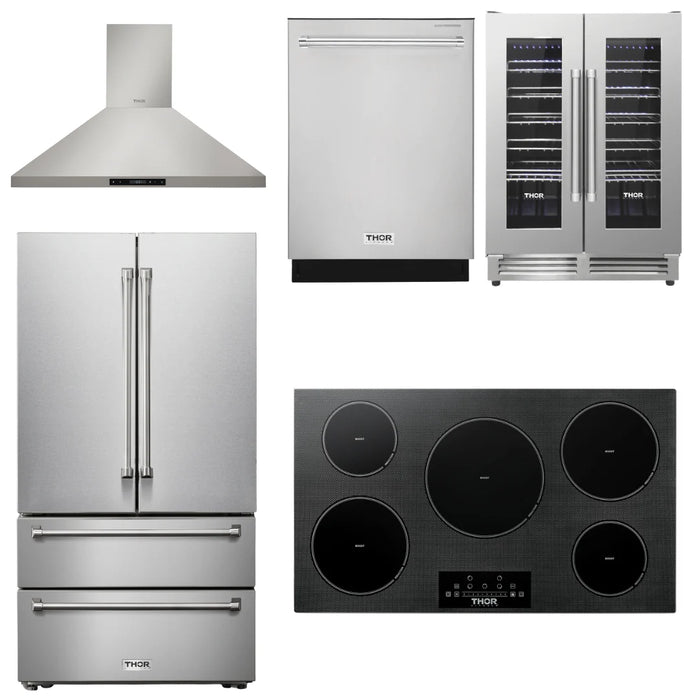 Thor Kitchen Package - 36" Induction Cooktop, Range Hood, Refrigerator, Dishwasher, Wine Cooler, AP-TIH36-4