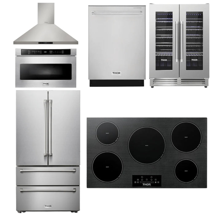 Thor Kitchen Package - 36" Induction Cooktop, Range Hood, Microwave, Refrigerator, Dishwasher, Wine Cooler, AP-TIH36-8