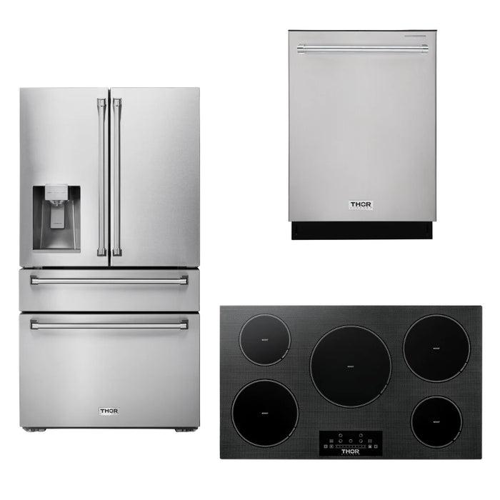 Thor Kitchen Package - 36" Induction Cooktop, Refrigerator with Water and Ice Dispenser, Dishwasher, AP-TIH36-9