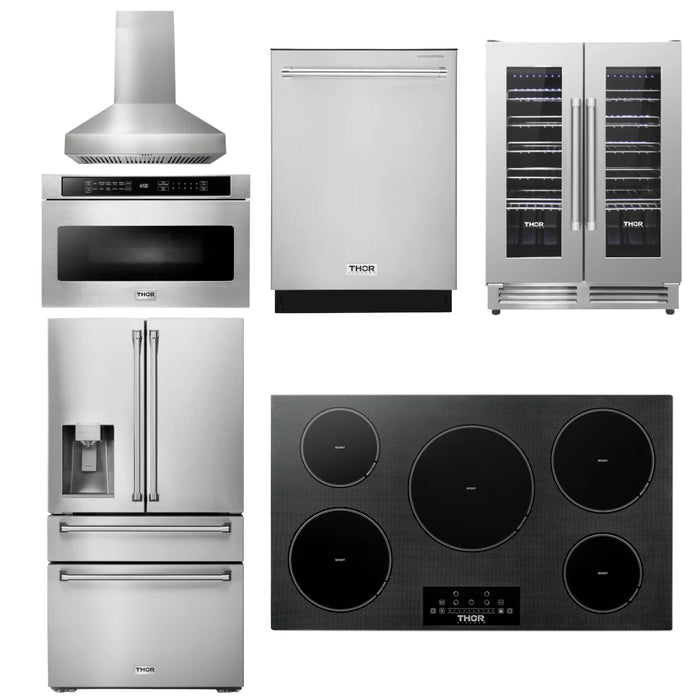 Thor Kitchen Package - 36" Induction Cooktop, Range Hood, Microwave, Refrigerator with Water and Ice Dispenser, Dishwasher, Wine Cooler, AP-TIH36-W-10