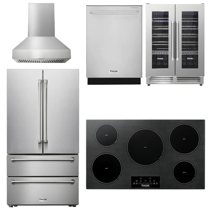Thor Kitchen Package - 36" Induction Cooktop, Range Hood, Refrigerator, Dishwasher, Wine Cooler, AP-TIH36-W-3