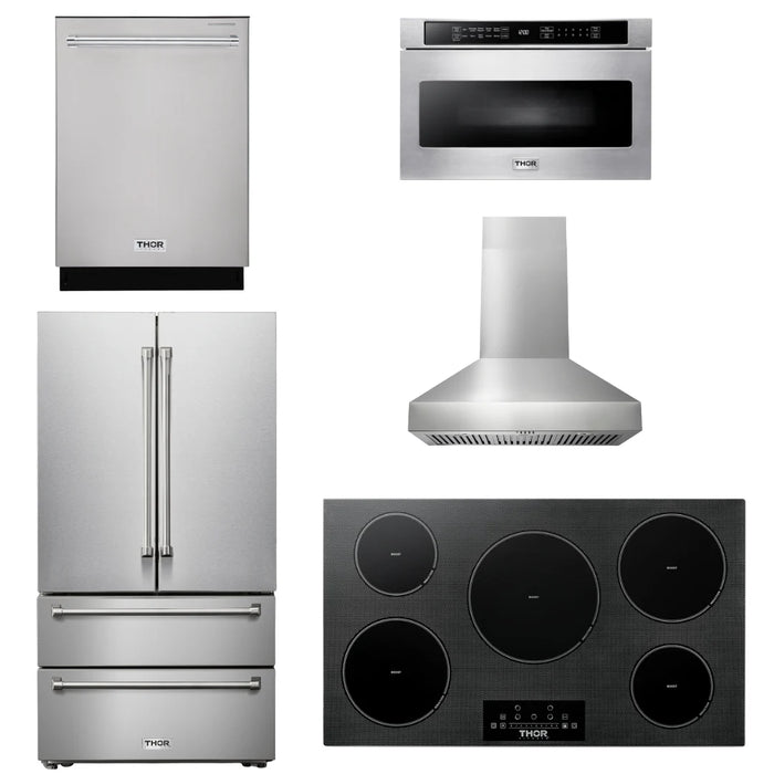 Thor Kitchen Package - 36" Induction Cooktop, Range Hood, Microwave, Refrigerator, Dishwasher, AP-TIH36-W-5