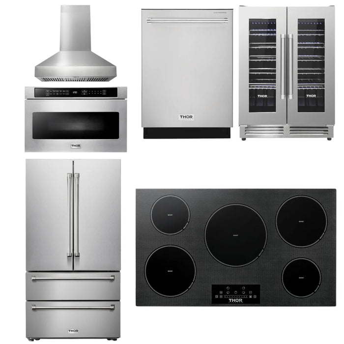 Thor Kitchen Package - 36" Induction Cooktop, Range Hood, Microwave, Refrigerator, Dishwasher, Wine Cooler, AP-TIH36-W-6