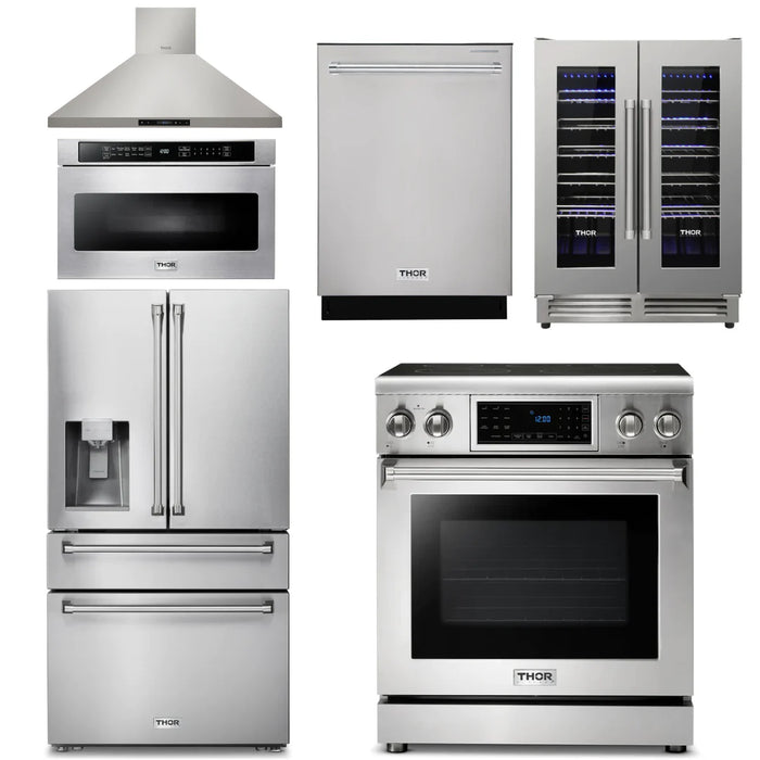 Thor Kitchen Package - 30" Electric Range, Hood, Microwave Drawer, Refrigerator with Water & Ice Dispenser, Dishwasher, Wine Cooler, AP-TRE3001-14