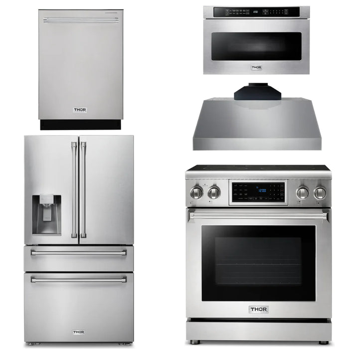 Thor Kitchen Package - 30" Electric Range, Range Hood, Microwave, Refrigerator with Water and Ice Dispenser, Dishwasher, AP-TRE3001-C-9