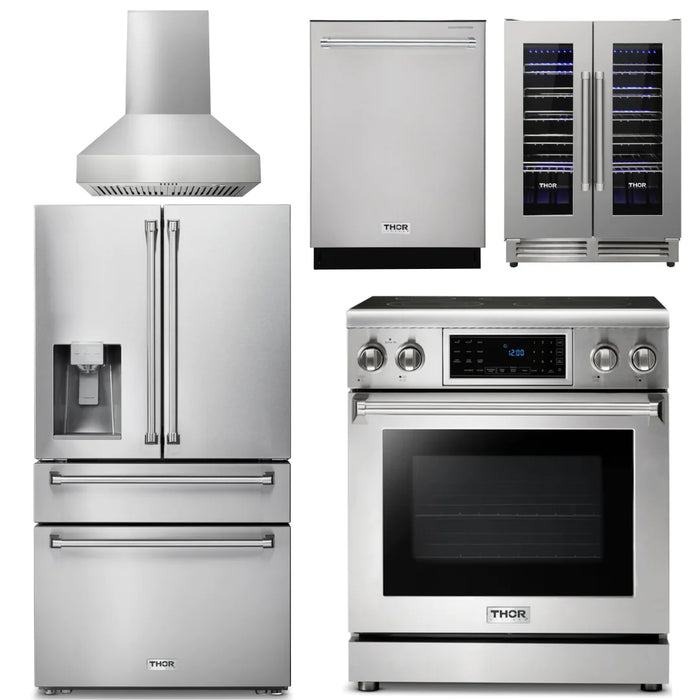 Thor Kitchen Package - 30" Electric Range, Range Hood, Refrigerator with Water and Ice Dispenser, Dishwasher, Wine Cooler, AP-TRE3001-W-8