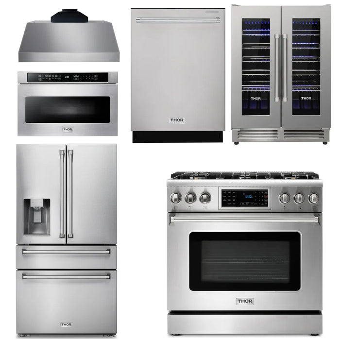Thor Kitchen Package - 36" Gas Range, Range Hood, Microwave, Refrigerator, Dishwasher, Wine Cooler, AP-TRG3601-C-10