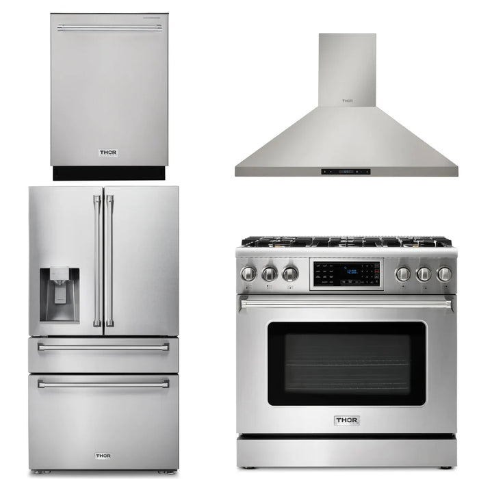 Thor Kitchen Package - 36" Propane Gas Range, Range Hood, Refrigerator with Water and Ice Dispenser, Dishwasher, AP-TRG3601LP-10