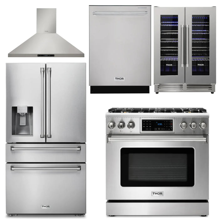 Thor Kitchen Package - 36" Propane Gas Range, Range Hood, Refrigerator with Water and Ice Dispenser, Dishwasher, Wine Cooler, AP-TRG3601LP-11