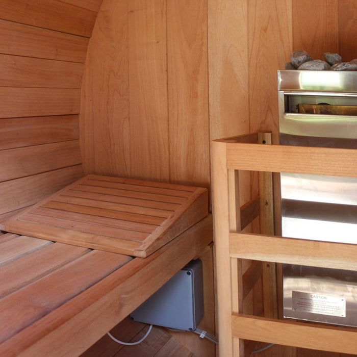 Scandia's Electric Barrel Sauna Kit in wood, with dimensions of 6'W x 5'D x 6'H.