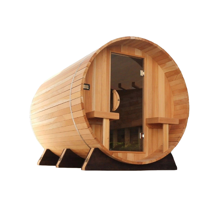 Electric Barrel Sauna with Canopy from Scandia, constructed with wood and measuring 6 feet in width, 6 feet in depth, and 6 feet in height.