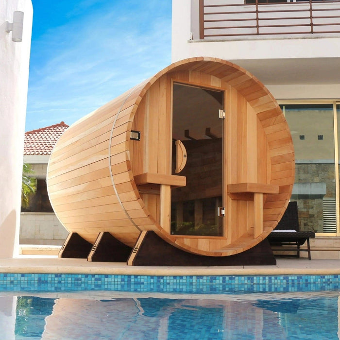 Electric Barrel Sauna with Canopy from Scandia, constructed with wood and measuring 6 feet in width, 6 feet in depth, and 6 feet in height.