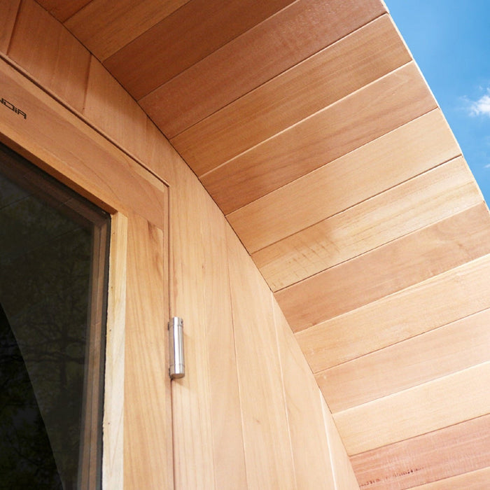 Electric Barrel Sauna with Canopy from Scandia, featuring glass elements and measuring 6 feet in width, 6 feet in depth, and 6 feet in height.