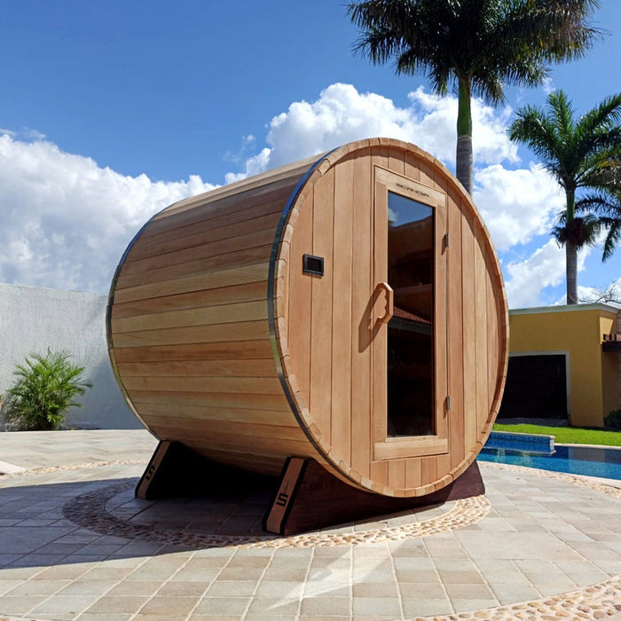 Scandia's Electric Barrel Sauna Kit in wood, with dimensions of 6'W x 5'D x 6'H.