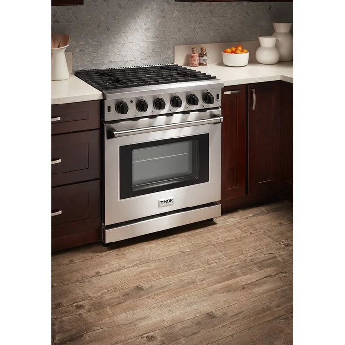 Thor Kitchen Package - 30" Gas Range, Range Hood, Microwave, Refrigerator with Water and Ice Dispenser, Dishwasher, Wine Cooler, AP-LRG3001U-14