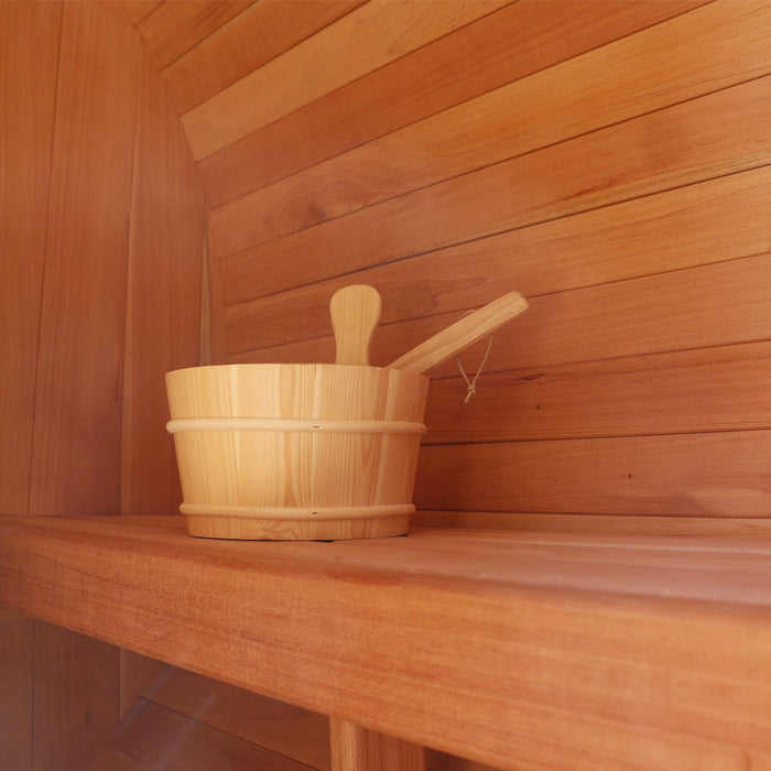 Electric Barrel Sauna with Canopy from Scandia, constructed with wood and measuring 6 feet in width, 6 feet in depth, and 6 feet in height.