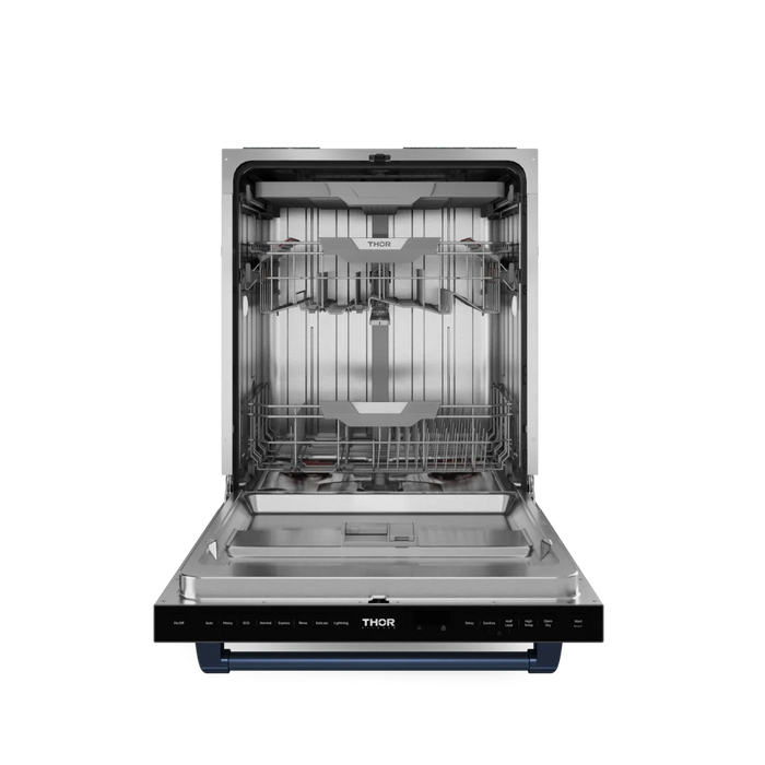 Gordon Ramsay by THOR Kitchen Package - 36" Electric Range, 36" Refrigerator with Ice Maker and Dishwasher in Stainless Steel with Navy Blue Accents, AP-RSE36-BLU-2