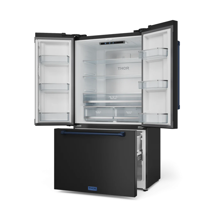 Gordon Ramsay by THOR Kitchen 36" 20.3 cu. ft. French Door Counter Depth Refrigerator with Ice Maker in Matte Black with Navy Blue Accents, RF3621CTD00-BLU