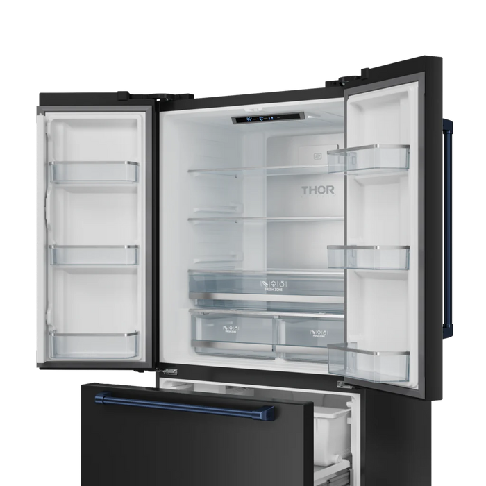 Gordon Ramsay by THOR Kitchen 36" 20.3 cu. ft. French Door Counter Depth Refrigerator with Ice Maker in Matte Black with Navy Blue Accents, RF3621CTD00-BLU