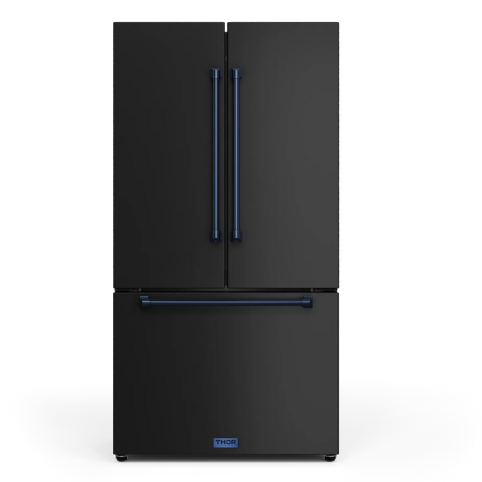 Gordon Ramsay by THOR Kitchen 36" 20.3 cu. ft. French Door Counter Depth Refrigerator with Ice Maker in Matte Black with Navy Blue Accents, RF3621CTD00-BLU