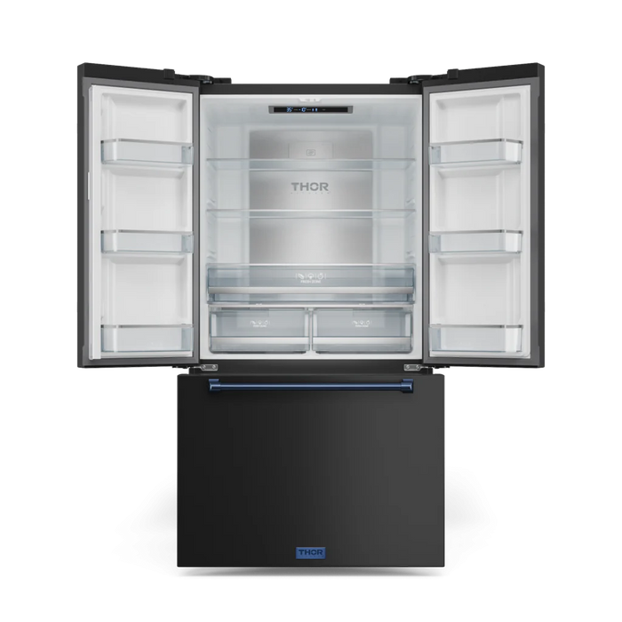 Gordon Ramsay by THOR Kitchen Package - 36" Electric Range, 36" Refrigerator with Ice Maker and Dishwasher in Black Matte with Navy Blue Accents, AP-RSE36B-BLU-2