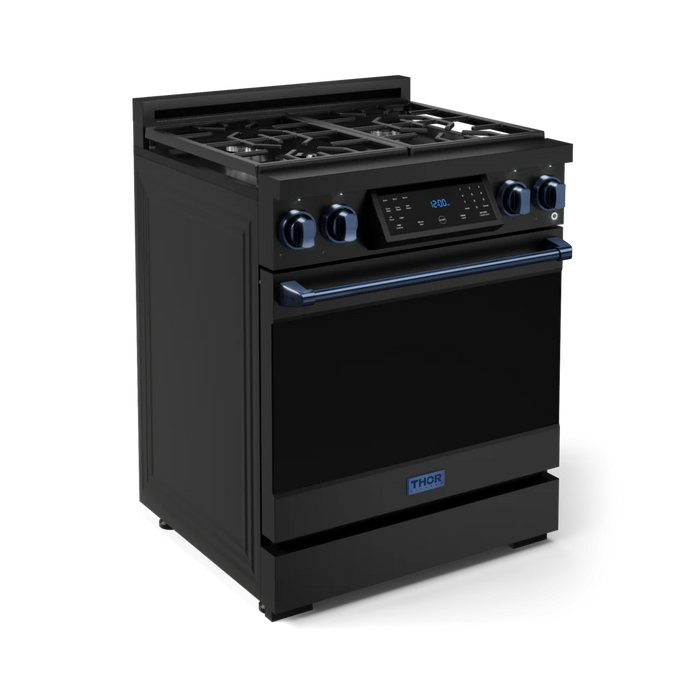 Gordon Ramsay by THOR Kitchen Package - 30" Gas Range, 30" Refrigerator with Ice Maker and Dishwasher in Black Matte with Navy Blue Accents, AP-RSG30B-BLU-1