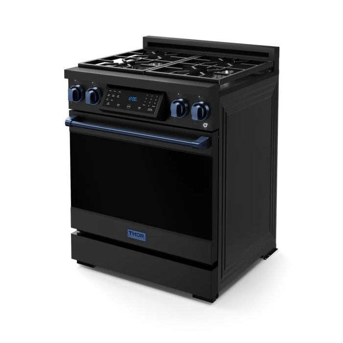 Gordon Ramsay by THOR Kitchen Package - 30" Gas Range, 30" Refrigerator with Ice Maker and Dishwasher in Black Matte with Navy Blue Accents, AP-RSG30BLP-BLU-1