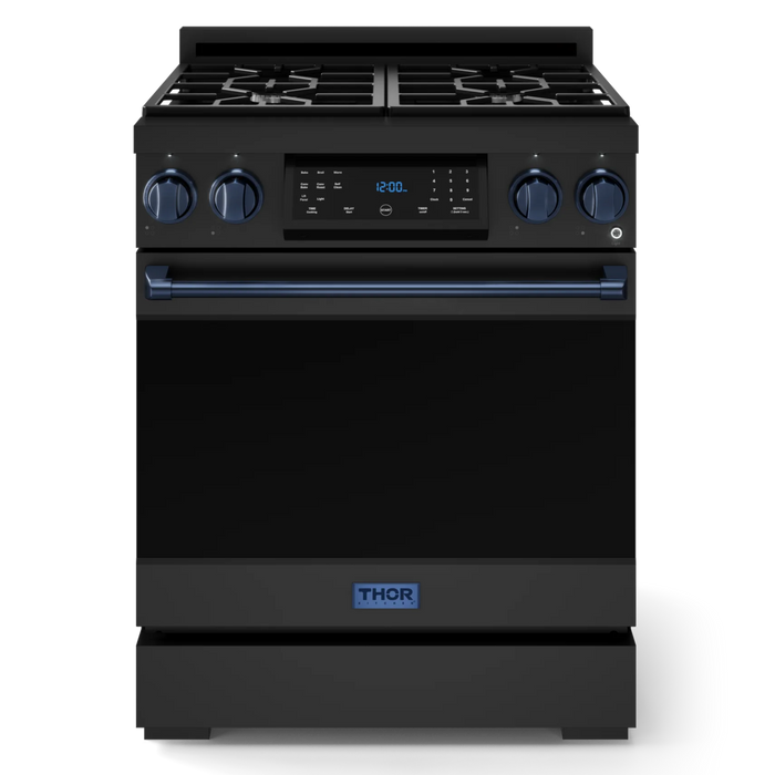 Gordon Ramsay by THOR Kitchen Package - 30" Gas Range, 30" Refrigerator with Ice Maker and Dishwasher in Black Matte with Navy Blue Accents, AP-RSG30B-BLU-1