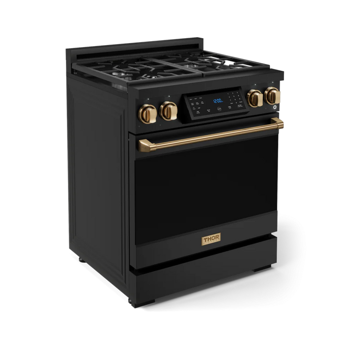 Gordon Ramsay by THOR Kitchen Package - 30" Gas Range, 36" Refrigerator with Ice Maker and Dishwasher in Black Matte with Bronze Accents, AP-RSG30B-BRZ-2
