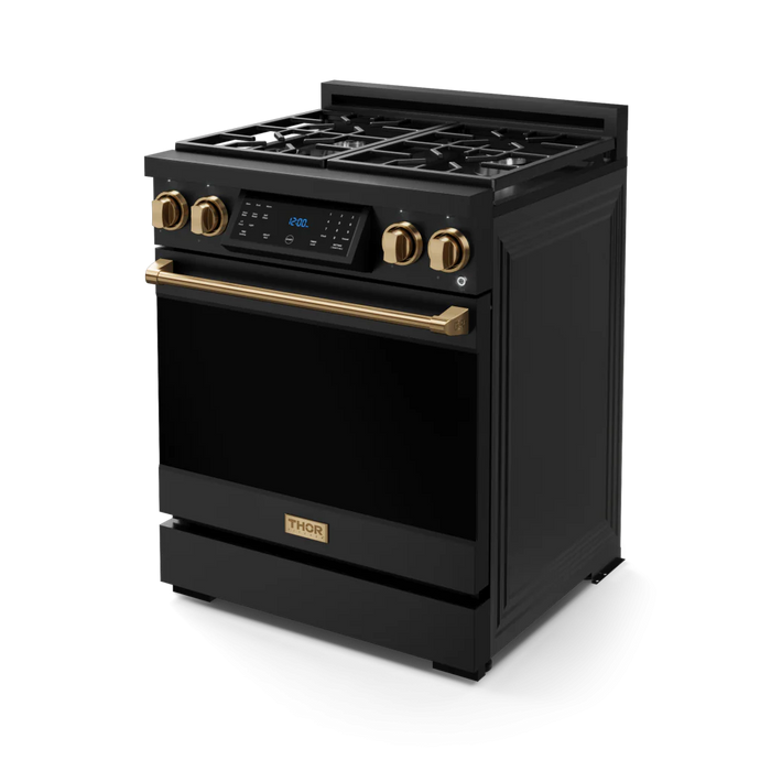 Gordon Ramsay by THOR Kitchen Package - 30" Gas Range, 30" Refrigerator with Ice Maker and Dishwasher in Black Matte with Bronze Accents, AP-RSG30BLP-BRZ-1