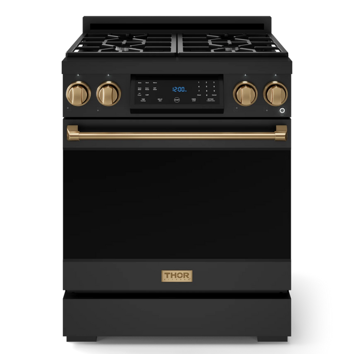Gordon Ramsay by THOR Kitchen Package - 30" Gas Range, 30" Refrigerator with Ice Maker and Dishwasher in Black Matte with Bronze Accents, AP-RSG30B-BRZ-1
