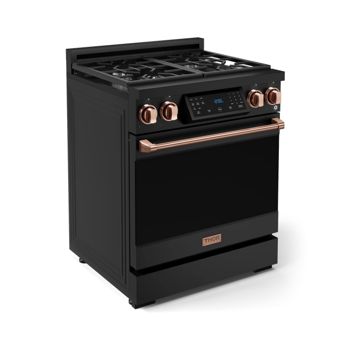 Gordon Ramsay by THOR Kitchen Package - 30" Gas Range, 30" Refrigerator with Ice Maker and Dishwasher in Black Matte with Rose Gold Accents, AP-RSG30B-RSG-1