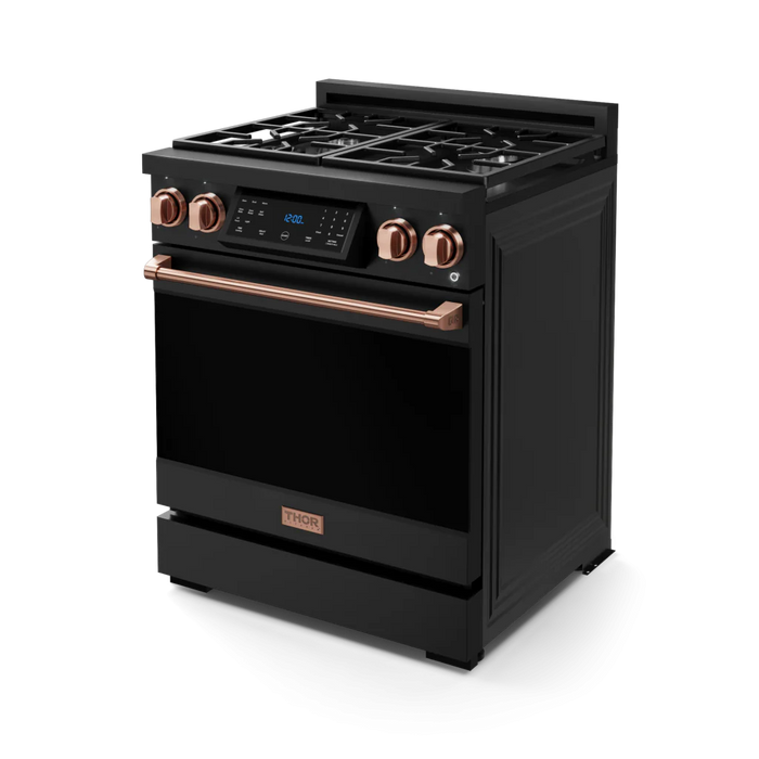 Gordon Ramsay by THOR Kitchen Package - 30" Gas Range, 30" Refrigerator with Ice Maker and Dishwasher in Black Matte with Rose Gold Accents, AP-RSG30BLP-RSG-1