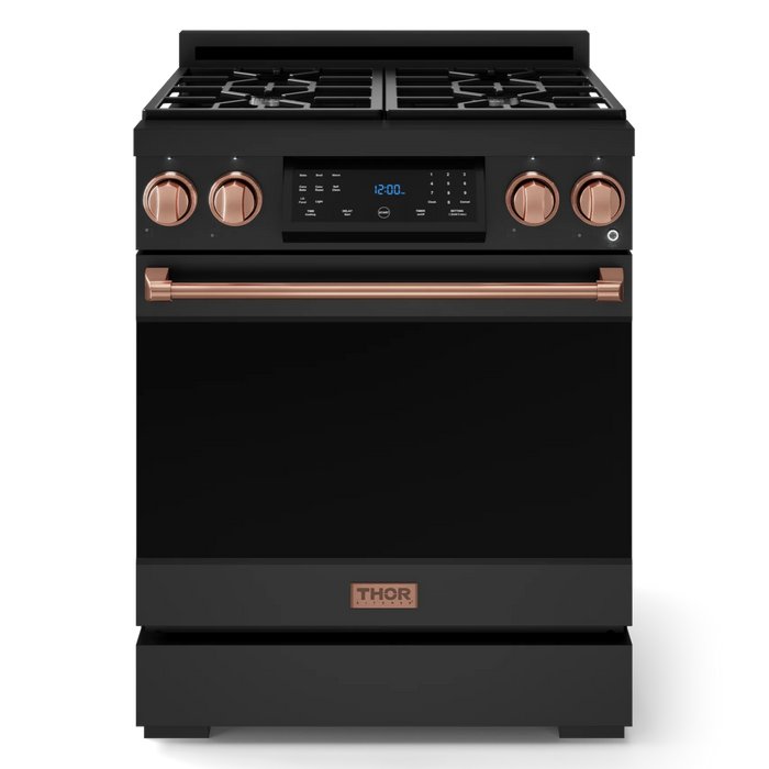 Gordon Ramsay by THOR Kitchen Package - 30" Gas Range, 30" Refrigerator with Ice Maker and Dishwasher in Black Matte with Rose Gold Accents, AP-RSG30B-RSG-1