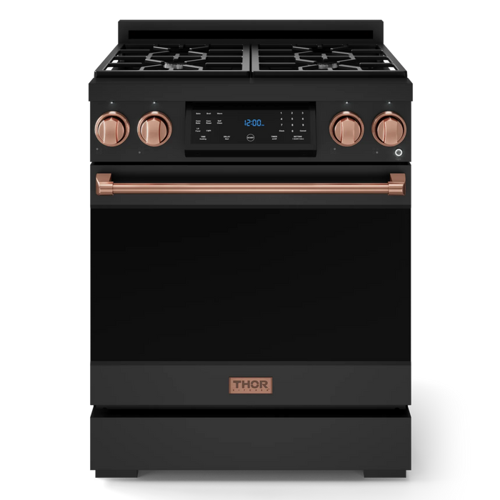 Gordon Ramsay by THOR Kitchen Package - 30" Gas Range, 30" Refrigerator with Ice Maker and Dishwasher in Black Matte with Rose Gold Accents, AP-RSG30BLP-RSG-1