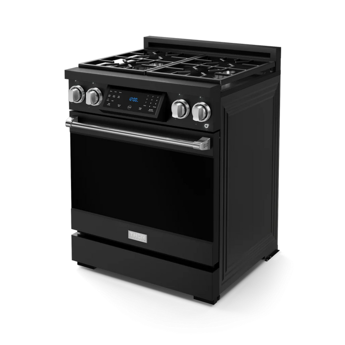 Gordon Ramsay by THOR Kitchen Package - 30" Gas Range, 30" Refrigerator with Ice Maker and Dishwasher in Black Matte with Stainless Steel Accents, AP-RSG30B-SS-1