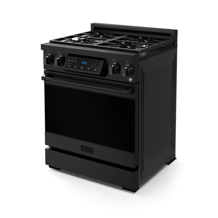 Gordon Ramsay by THOR Kitchen Package - 30" Gas Range, 30" Refrigerator with Ice Maker and Dishwasher in Black Matte with Black Accents, AP-RSG30BLP-1