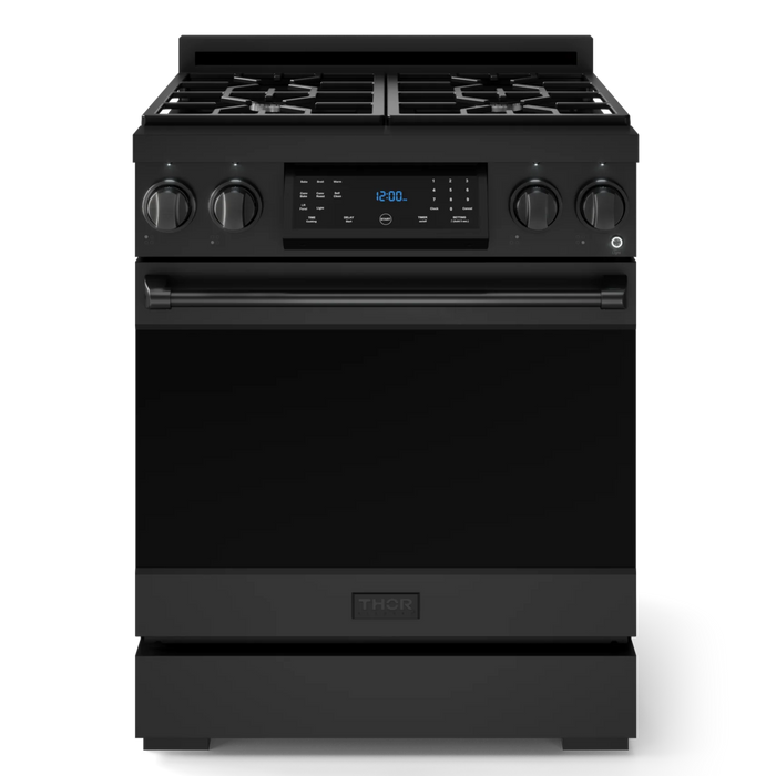 Gordon Ramsay by THOR Kitchen Package - 30" Gas Range, 36" Refrigerator with Ice Maker and Dishwasher in Black Matte with Black Accents, AP-RSG30B-2